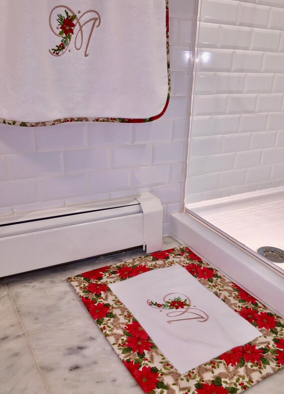Poinsettia Christmas Monogrammed Bath Mat Bath Mat Christmas Etsy