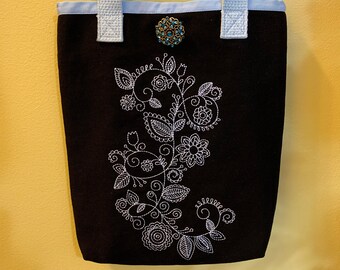 Embroidered Mehendi Design Black Canvas Tote Bag - Light Blue Accent