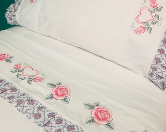Embroidered Roses Cotton Bed Sheet Set: Vintage Floral Lace Trim