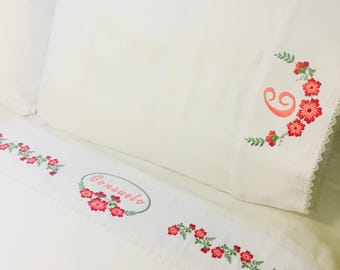 Juego de sábanas de algodón con bordado floral - Ropa de cama personalizada con monograma - Decoración para el hogar