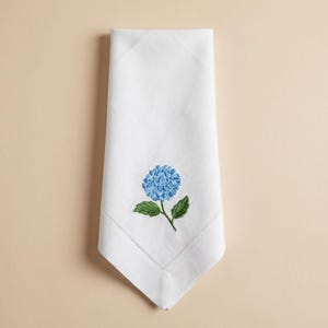 Embroidered Linen Napkins - Blue Hydrangea Design Set of 2 - Table Linens image 2