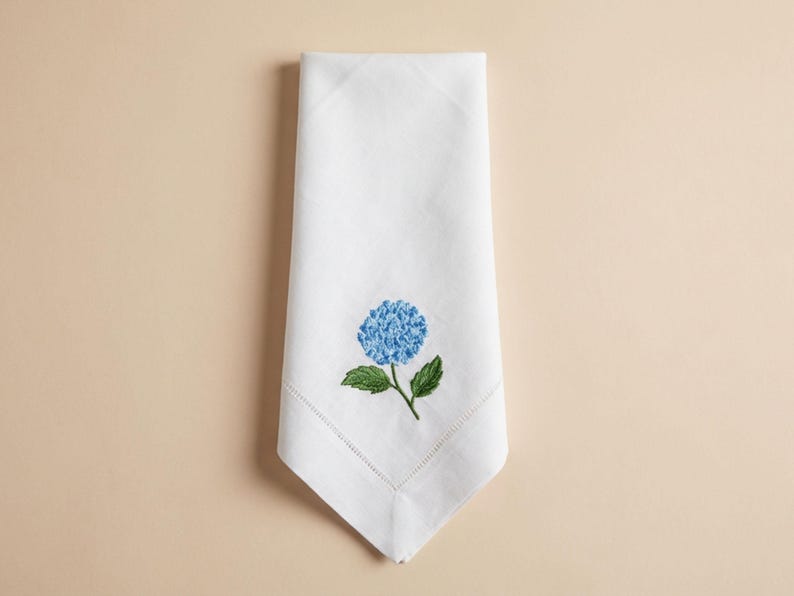 Embroidered Linen Napkins - Blue Hydrangea Design
