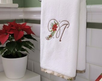Holiday towel set with poinsettia monogram, Christmas decor, personalized bath and hand
