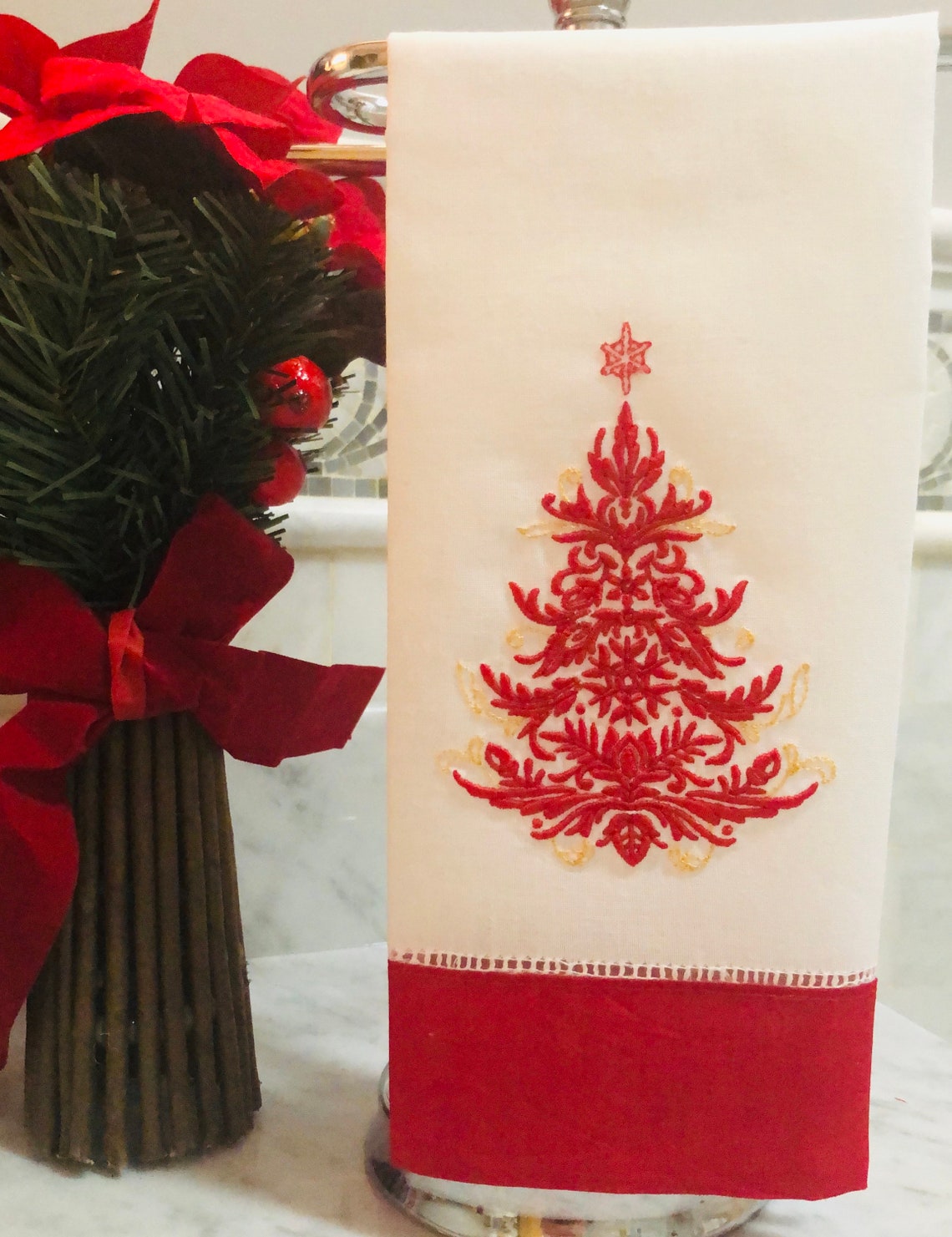 Christmas Tree Guest Towel, Linen Guest Towel, Chrismas Towel