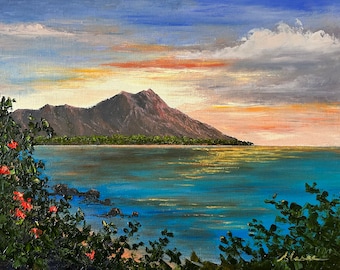 May include: A painting of a mountain range in the distance with a body of water in the foreground. The water is a light blue color and reflects the sky. There are green trees and bushes in the foreground and a few red flowers.