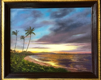 May include: A painting of a tropical beach scene with palm trees, a sandy shore, and a calm ocean. The sky is a mix of blue, purple, and orange, with clouds casting shadows on the water. The sun is setting in the distance, creating a warm glow on the horizon.