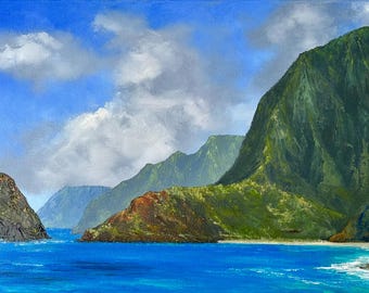 May include: A painting of a rocky island with a steep, green mountain in the background. The sky is blue with white clouds. The water is a bright blue.