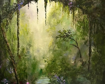 May include: A painting of a lush green forest with a stream running through it. The trees are covered in moss and vines, and there are purple flowers blooming along the banks of the stream.