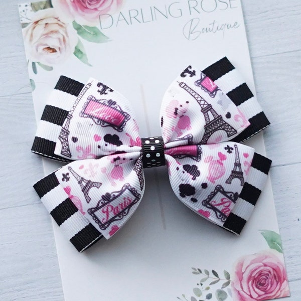 RREADY TO SHIP! Large 4" pink and black Paris Eiffel Tower hair bow hairbow or headband - France party - Paris birthday