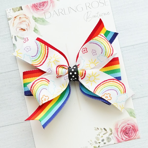 Medium 4" rainbow theme pink rainbow green rainbow theme hair bow hairbow - unicorn emoji - preteen bow - emoji birthday