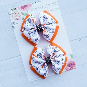 Halloween theme 3" pigtail bows orange black halloween ghost print hair bow hairbow or baby headband