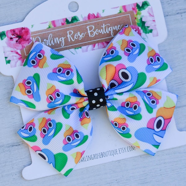 Rainbow poop emoji rainbow theme hair bow hairbow - poop emoji - preteen bow - emoji birthday
