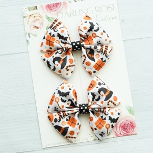 Halloween theme 3" pigtail bows orange black halloween ghost print hair bow hairbow or baby headband