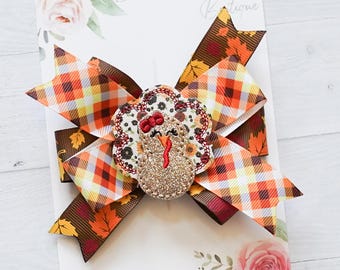 Medium 4” Thanksgiving - turkey theme hair bows - gobble gobble - thanksgiving outfit - thanksgiving hair clips - thanksgiving pigtails
