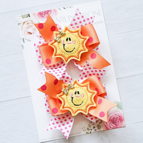 READY TO SHIP! Sunshine summer feltie pigtail bows hair clip - hair bow - pink polkadot - sunshine - feltie - clippie - hair bow