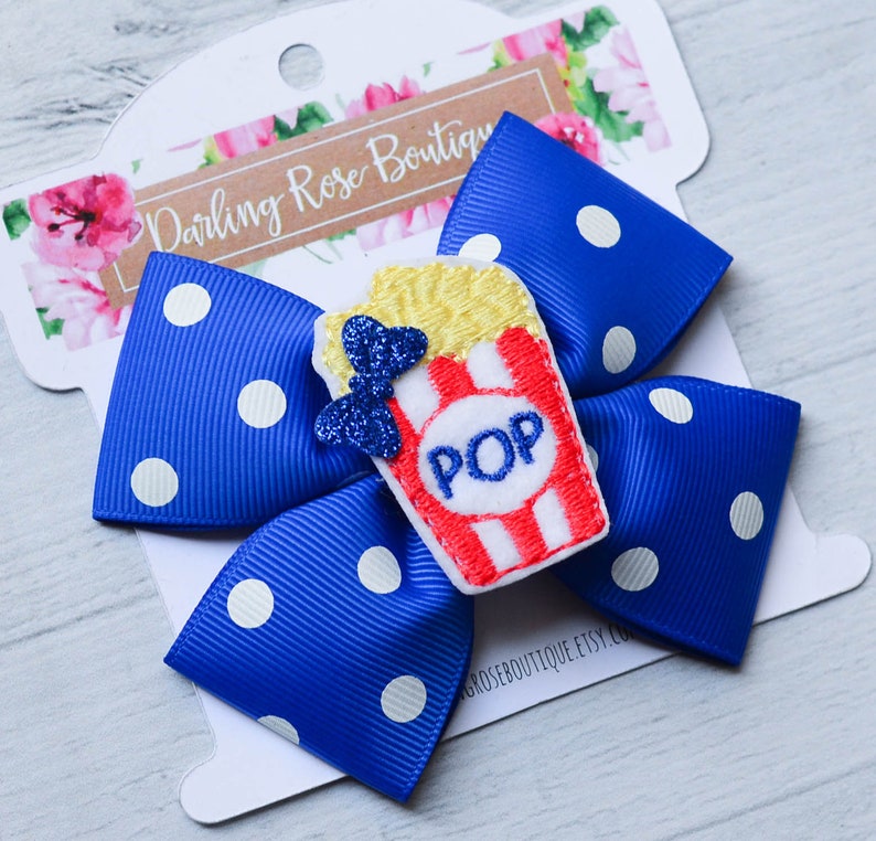 Large 4 popcorn theme hair bow hairbow blue white Etsy