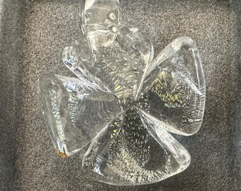 Blown glass four leaf clover necklace.  Handmade, clear with dichroic sparkle