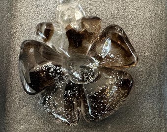 Blown glass flower necklace.  Handmade, black and clear swirl with dichroic silver sparkle