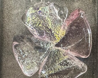 Blown glass four leaf clover necklace.  Handmade,  pale pink transparent with dichroic sparkle