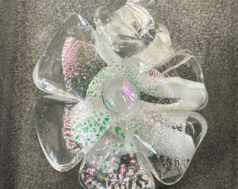 Blown glass flower necklace.  Handmade, white and clear swirl with dichroic pink sparkle