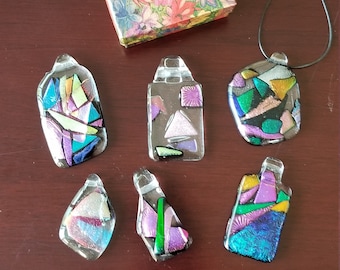 Elegant artistic dichroic mosaic pendants.  No glue on bails. Whimsical and elegant. One of a kind wearable art. Cord and gift box included
