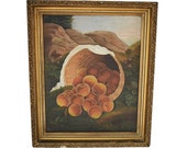 Antique Peaches in Basket Still Life Landscape Oil Painting on Canvas in Gilt Gesso Frame