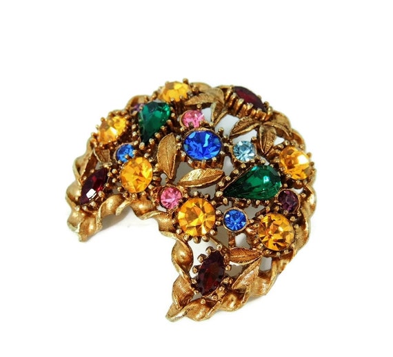 Rainbow Rhinestone Crescent Moon Brooch,  Colorfu… - image 1