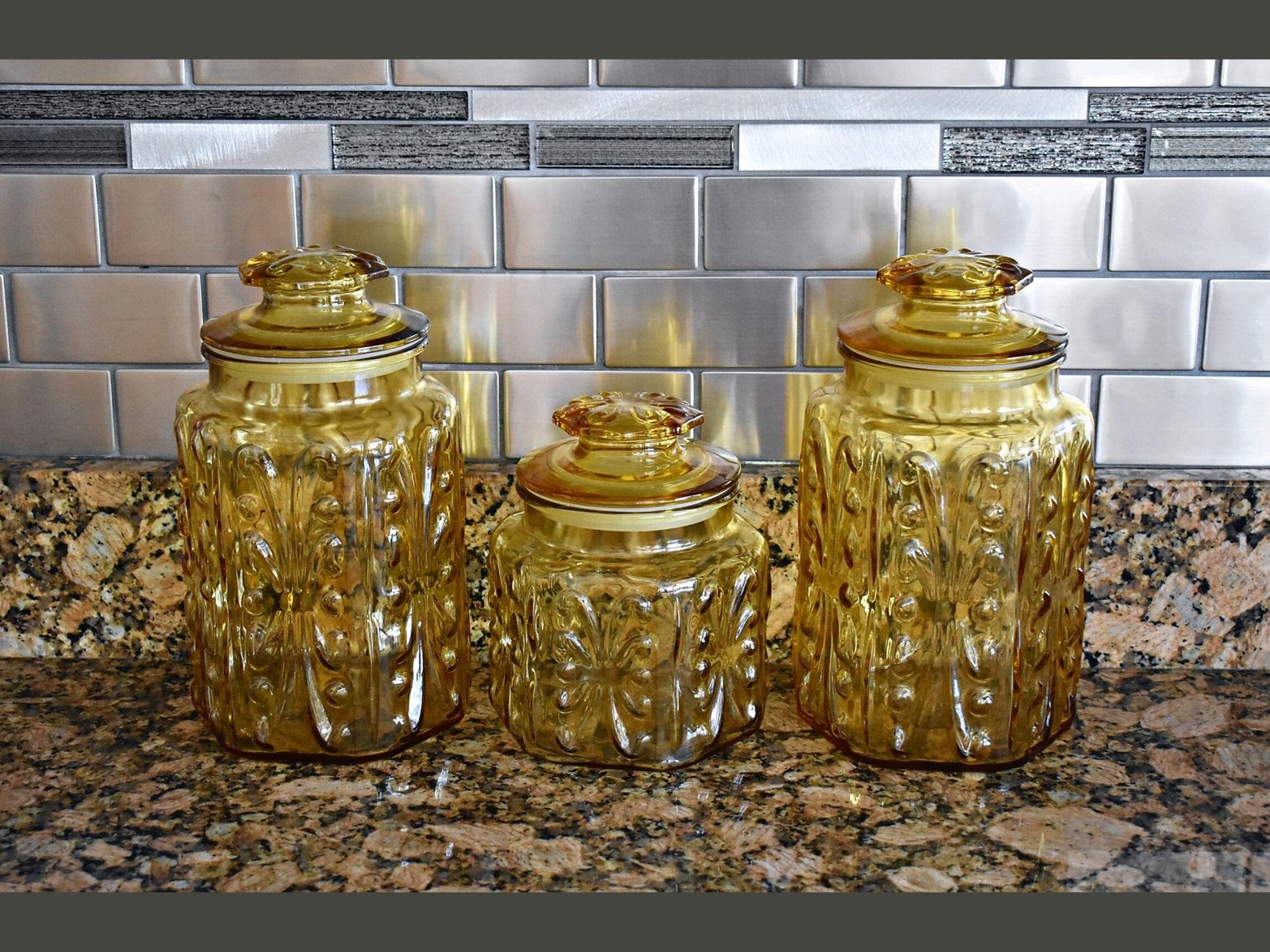 Pristine Vintage Yellow Glass Canister Set Federal Glass Big Etsy