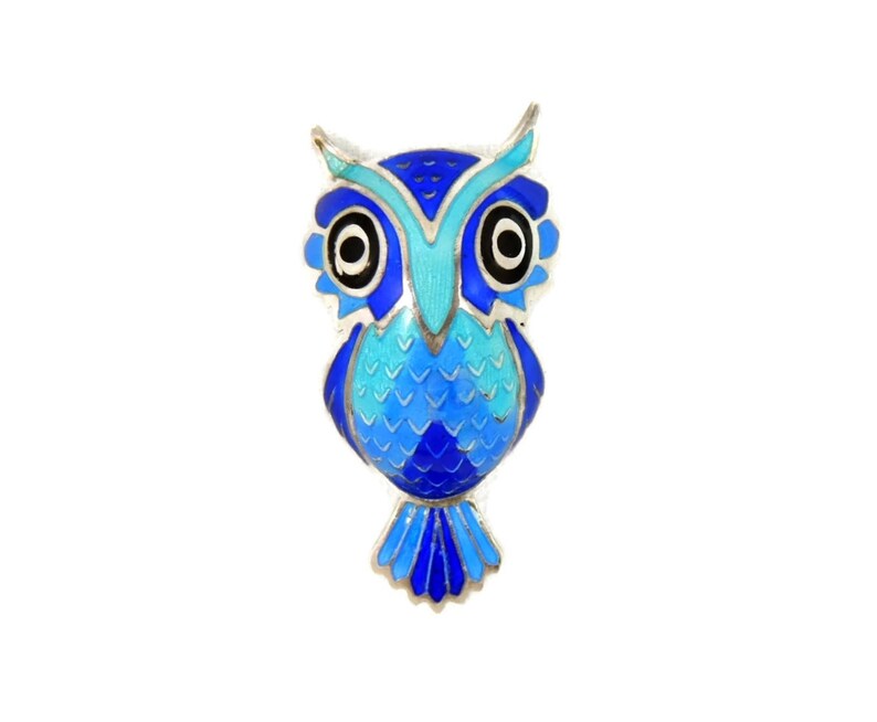 Silver Blue Enamel Owl Brooch 980 Sterling Maya Mexico Vintage Etsy