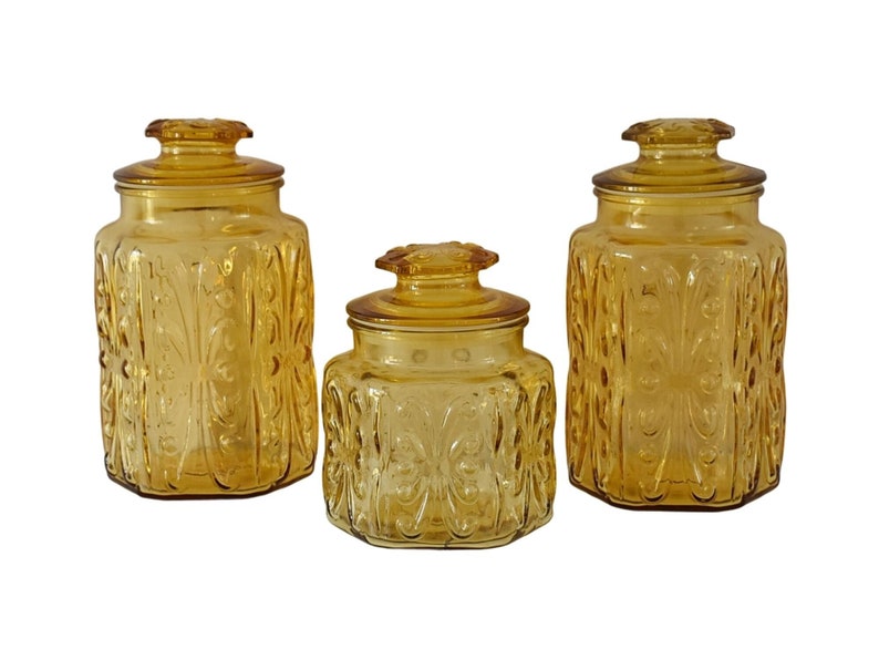 Pristine Vintage Yellow Glass Canister Set Federal Glass Big Etsy