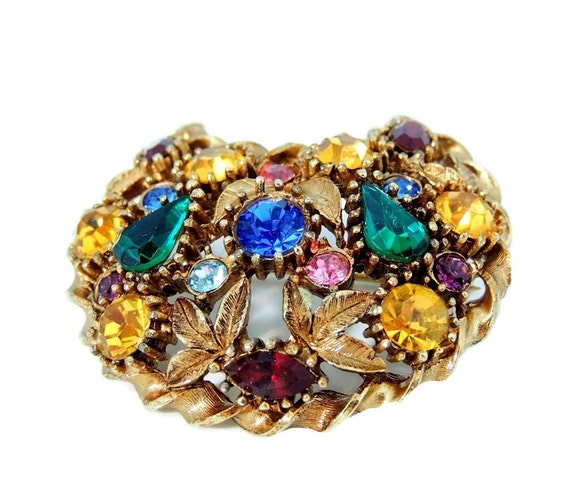 Rainbow Rhinestone Crescent Moon Brooch,  Colorfu… - image 2