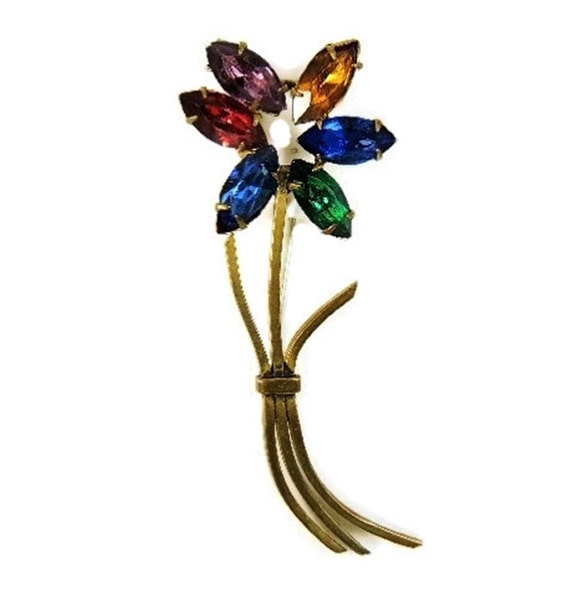 Rainbow Rhinestone Flower Brooch Vintage, 1940s Ra