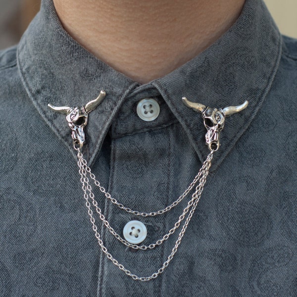 Silver Steer Cow Skull Collar Clip Collar Chain