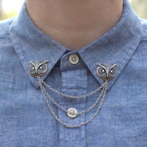 Silver Owl Head Collar Chain/ Cardigan Clip image 1