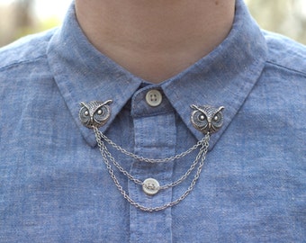 Silver Owl Head Collar Chain/ Cardigan Clip