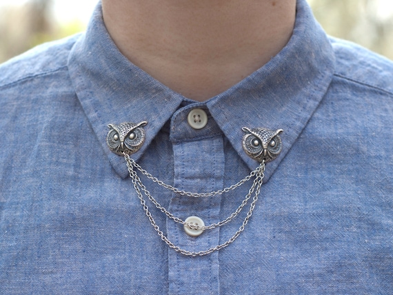 Silver Owl Head Collar Chain/ Cardigan 