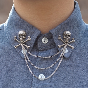 Silver Skull and Crossbones Collar Chain/ Cardigan Clip image 1