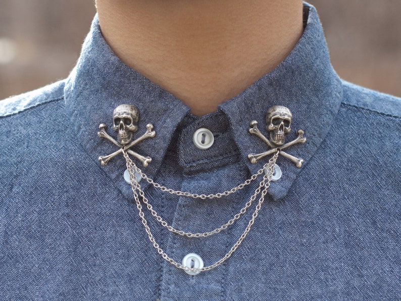 Silver Skull and Crossbones Collar Chain/ Cardigan Clip image 1