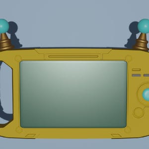 May include: A yellow handheld device with a screen, a handle, and two blue knobs on top. The device has a circular button on the right side.