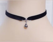 Black Velvet 9mm Choker Necklace with Little Kitty Cat Collar Bell Drop Gothic Cosplay