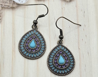 Boho Style Antique Bronze Turquoise Blue Teardrop Earrings with Pink Sparkles