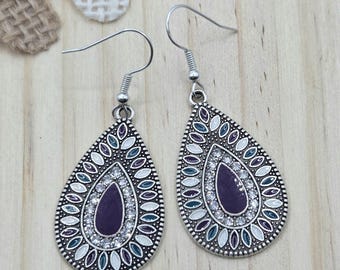 Boho Purple Enamel Teardrop Earrings, Silver Tone Dangle, Vintage Style Statement