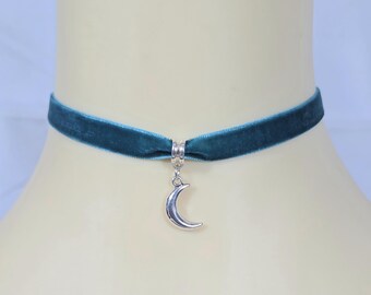Teal Velvet Choker Necklace: Silver Crescent Moon Pendant