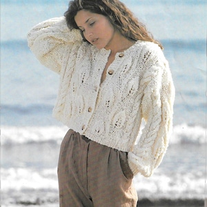 Ladies Cropped Cardigan Jumper, Iceberg Aran Chunky Cable Jacket Hayfield Yarn PDF Pattern 4703 Vintage UK