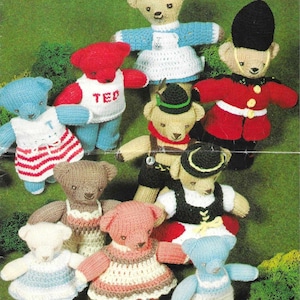 May include: A vintage knitting pattern cover featuring a collection of knitted teddy bears dressed in various outfits. The bears are in different colors and styles, with the text "Teddy Bears Picnic" at the top. The cover also includes the text "Produced in Support of the International Year of the Disabled."