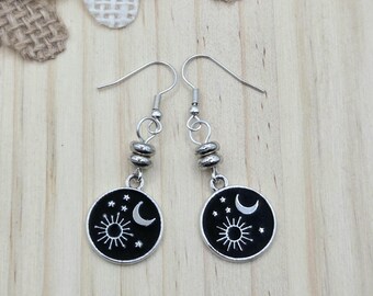 Celestial Moon Sun Dangle Earrings, Black Enamel Night Sky Boho Jewelry