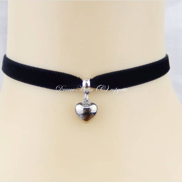 Black Velvet Ribbon Choker Necklace, Cute Silver Heart, Romantic Gift, Wedding, Gothic Retro UK
