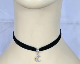 Black Velvet Choker, Silver Moon Necklace, Celestial Retro 90s Style