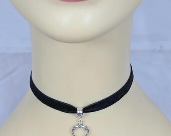 Black Velvet Choker Necklace, Silver Crescent Moon, Gothic Luna Half Moon, Celestial