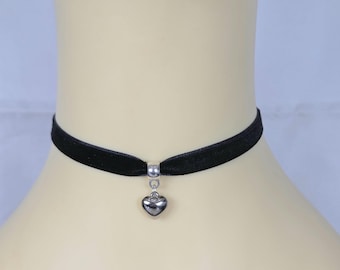 Black Velvet Heart Choker Necklace, Silver Charm, Gothic Minimalist Neckwear